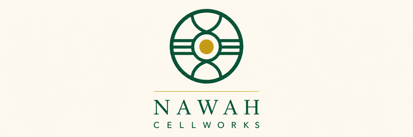 Nawah Cellworks — cell nucleus mark and wordmark lockup