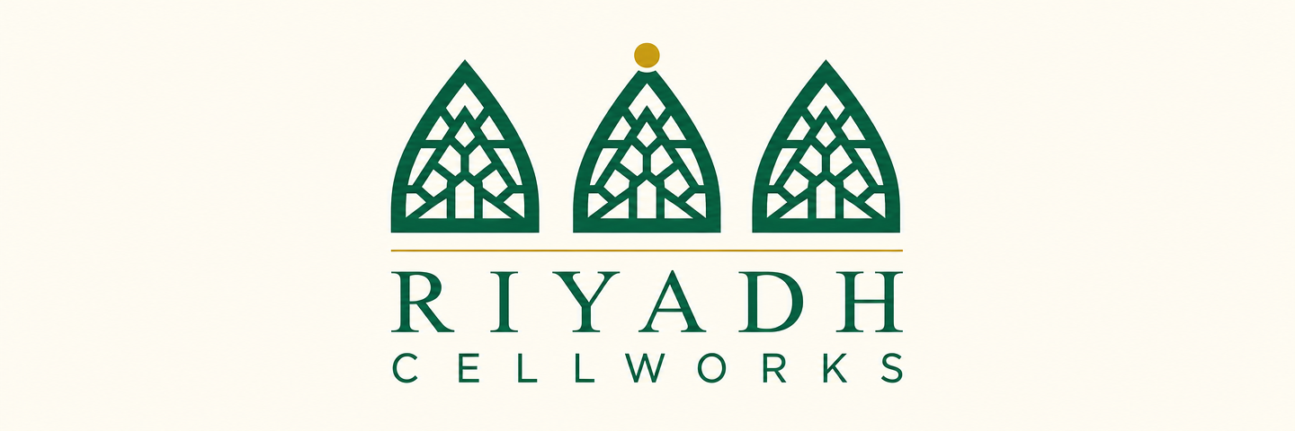 Riyadh Cellworks — Najdi triangular lattice mark and wordmark lockup