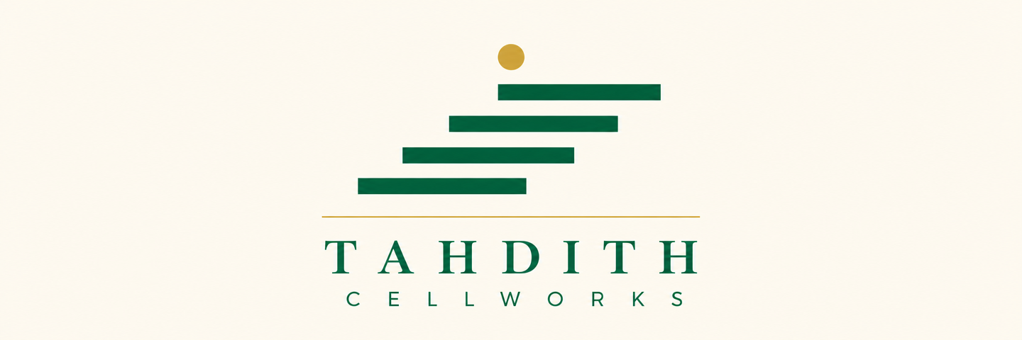 Tahdith Cellworks — ascending-bar modernization mark and wordmark lockup