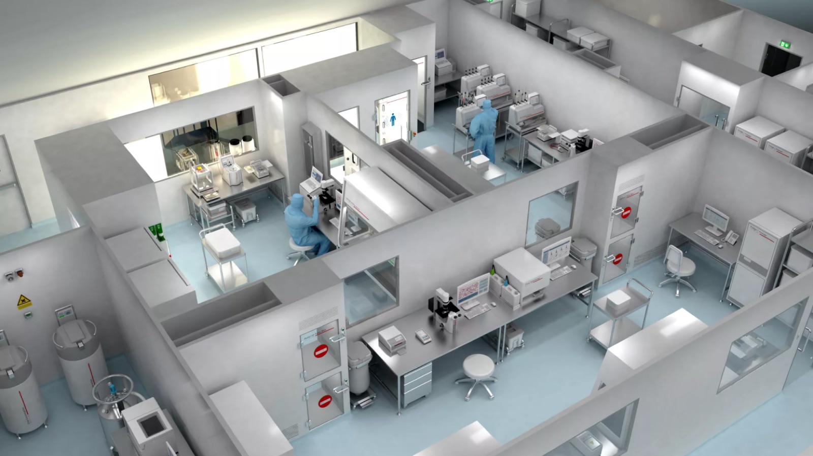 Architectural cutaway rendering of an ATMP cleanroom suite showing operators in cleanroom suits at biosafety stations.