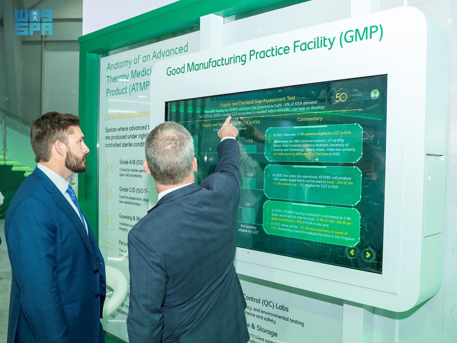 Two senior executives examining an interactive slide titled 'Anatomy of an Advanced Therapy Medicinal Product' showing the GMP supply-and-demand gap analysis.